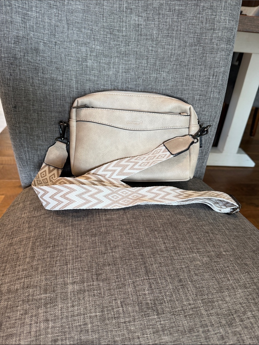 Neutral Beige/Taupe Crossbody Bag with Patterned Strap